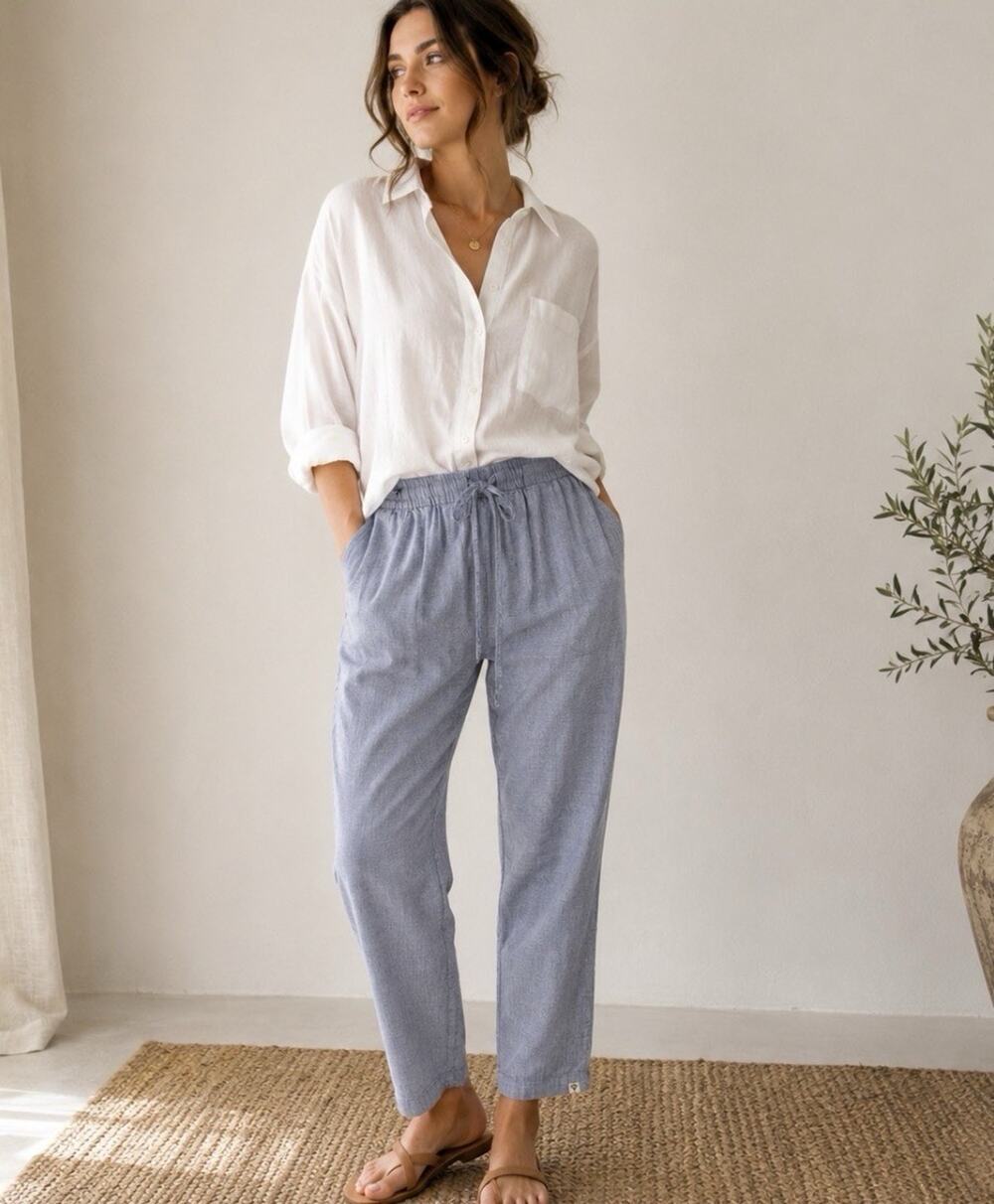BSBEE Wmns M Blue Khadi Micro Check Pull On Pants Drawstring Elastic Waist $380